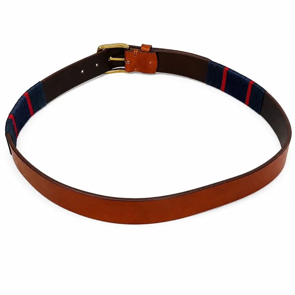 J. McLaughlin Leather Surcingle Belt Men's 38 Brown Navy Red Preppy Nautical